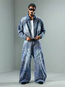 ROMWE MEN Street Life Veste en jean décontractée polyvalente à manches longues et encolure brodée pour hommes