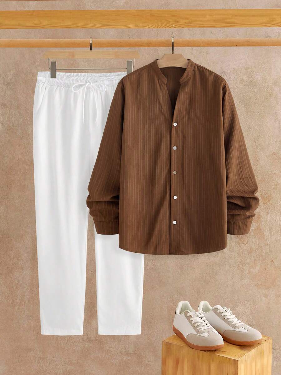 Manfinity VCAY Men's Solid Color Casual Long Sleeve Shirt And Pants Set - Multicolor - View 1