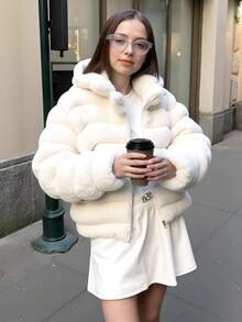 SHEIN Casual Fashion Loose Fit Plush Hooded Jacket For Teen Girl Comfortable For Autumn/Winter Daily Wear, Commuting, Outing, Party, Photo Shoot - White - View 3