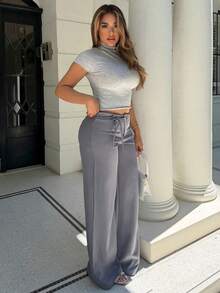 Maria Perezxox سراويل نسائية فضفاضة ذات ساق واسعة ، باللون الرمادي اللون الصلب ، متعددة الاستخدامات للارتداء اليومي والتنقلات والرفاهية ، ديكور حزام مع فتحة للسحب - رمادي - مشاهدة 5