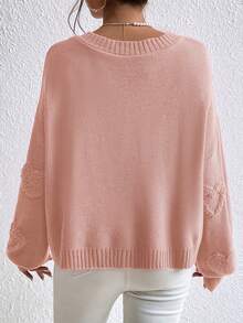 SHEIN LUNE Heart Pattern Drop Shoulder Faux Pearls Beaded Sweater,Long Sleeve Tops Knit Pullover Fall Winter Outfit