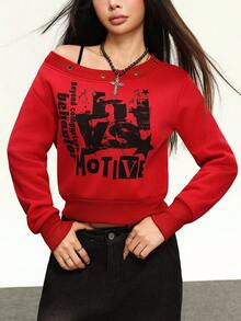 Rina Fox 街头风格涂鸦印花不对称肩部 T 恤女士长袖 T 恤 - 紅色 - 查看 1