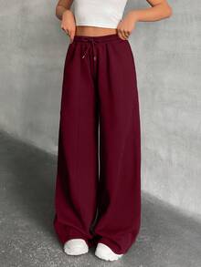 EURMUSE Women Loose Fit Front Stitch Detailed Sweatpant Pant - Burgundy - View 3