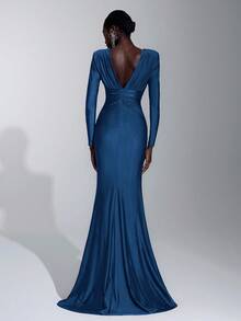 Elitara Elegant, Romantic, Sexy, Minimalist, Plum Red, Stretchy, Deep V-Neck, Long Sleeve, Fishtail Hem, Fashionable, Influencer Style, Suitable For Holidays, Vacation, Birthday Party, Wedding Events, Bridesmaid Dress - Navy Blue - View 3