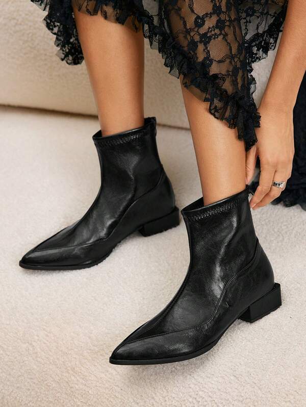 Daringsoles Botas altas de mujer de punta afilada y de fácil puesta, liso negro con tacón ancho, sexy y versátiles, de media pantorrilla