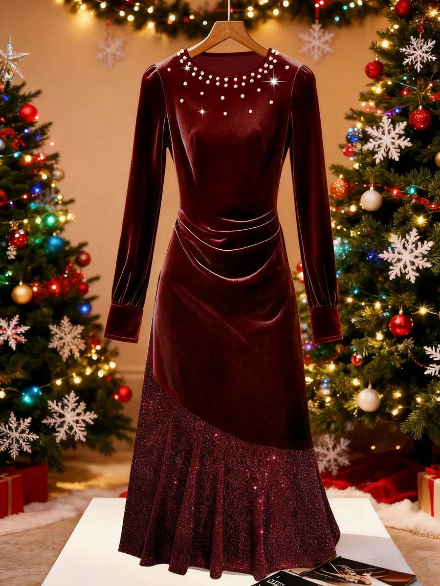 Franclia Women's Elegant Long Sleeve Pearl Decor Party Dress, Long Brown Dress For Wedding Guest, Autumn/Winter, Christmas - Burgundy - View 1