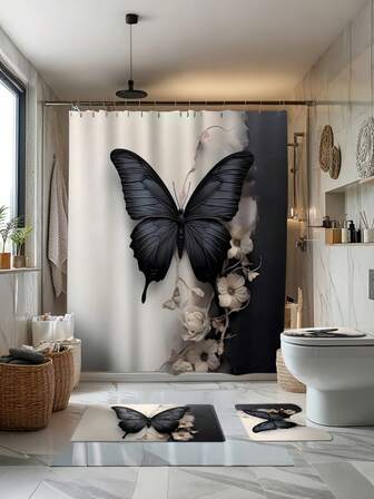 1/2/3/4pcs 3D Black & White Butterfly & Flower Theme Bathroom Shower Curtain Set, Including 12pcs Hooks, Bathroom Mat, U-Shape Toilet Lid Cover, Waterproof Shower Curtain, Fashionable Decoration For Bathroom, Modern Style Partition Curtain, No Drilling Required, Made Of Polyester, Machine Washable Home Bathroom Decor Fall Decor Bathroom Accessories