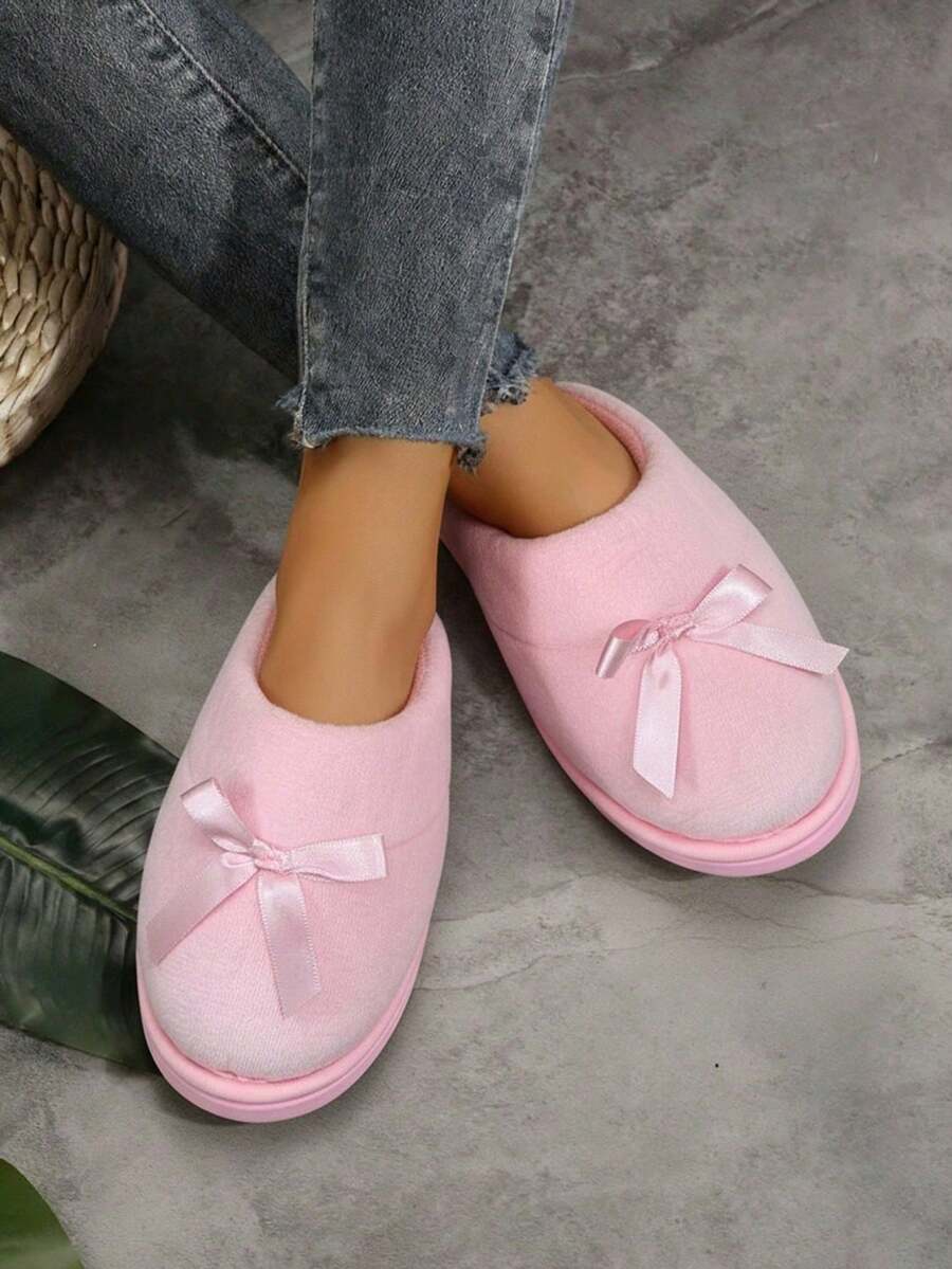 Mujer felpa suave lazo decorativo punta redonda sin cordones suela baja estilo hogareño otoño invierno descanso pantuflas - Rosa - Ver 1