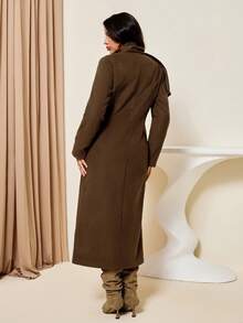 Lyxana Women's Mid-Length Overcoat With Large Buttons - Coffee Brown - View 2