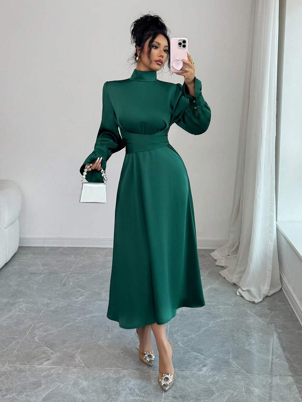 Women's Cinched Waist Long Satin Dress