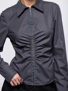 COUREZ 修身褶皱长袖衬衫，钩扣式设计 / Y2K 冬季外出灰色上衣，性感夜店派对上衣，新年必备 - 深灰色 - 查看 6