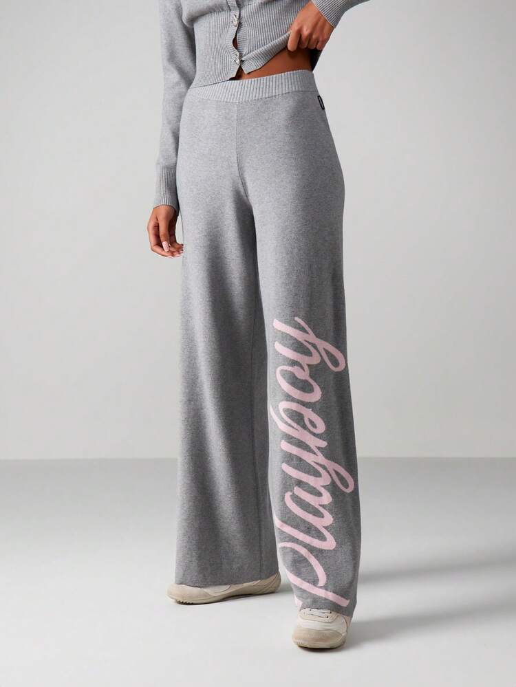 Missguided x Playboy Ribbed Knit Wide Leg Pants With Script Print For Casual Loungewear Comfort