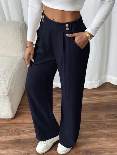 SHEIN Frenchy Women's Elegant Straight Leg Trouser With Double Buckle, Suitable For Commuting Winter Casual Blue Spring
