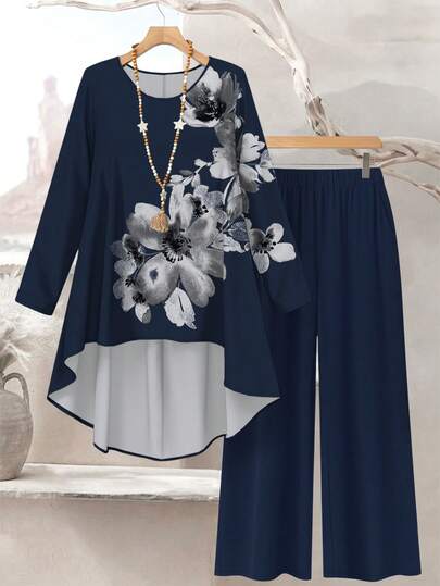 Lacomfia Dames blauwe aquarel bloemen digitale print casual losse ronde hals top en broek 2-delige set