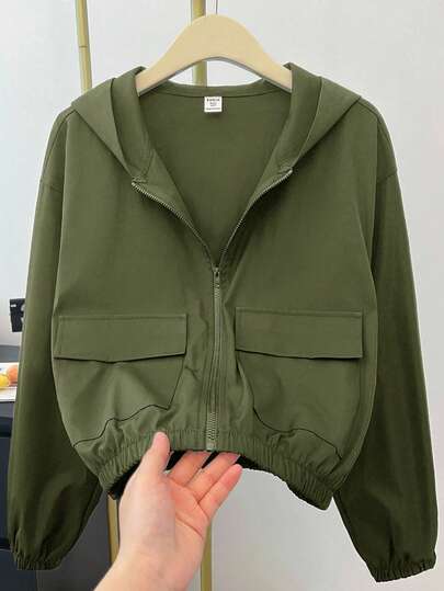 SHEIN Teen Girl Solid Color Patch Pocket Loose Fit Casual Hooded Jacket Teen Jacket Girls Cute Jacket Cropped Jacket Jacket Zip Up Jacket Girl