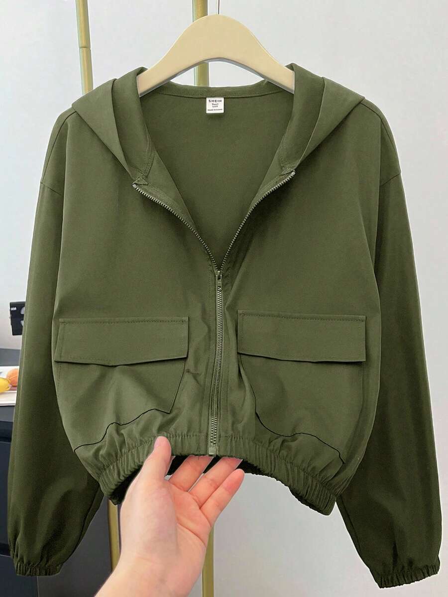 SHEIN Teen Girl Solid Color Patch Pocket Loose Fit Casual Hooded Jacket Teen Jacket Girls Cute Jacket Cropped Jacket Jacket Zip Up Jacket Girl - Army Green - View 1
