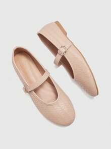 CUCCOO BIZCHIC 女士方头平底鞋，杏色压纹纹理，舒适百搭，透气休闲玛丽珍鞋带平底鞋 - 杏色 - 查看 10