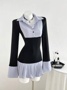 Elamini Váy xếp ly cổ điển thanh lịch cho mùa tựu trường - Màu xanh nhạt - Xem 3