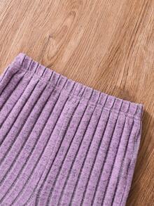 SHEIN Tween Girl Solid Color Ribbed Knit Hoodie And Flared Pants Set - Mauve Purple - View 4