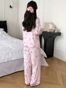 SHEIN Teen Girls Pajamas, Dozemod Teen Girl, Valentine's Day Pink Minimalist Bow Pattern Lapel Button Pocket Long Sleeve Pants Loose Casual Sleepwear Set, 2pcs (Sibling Outfits Matching Outfits Sold Separately) Bow Print Pajamas Girl Sleep Wear Cute Pajama Set Pajamas Set Teen - Pink - View 2
