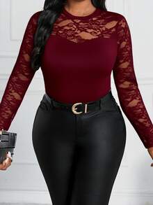 SHEIN Lady 2025新款春夏秋冬蕾丝酒红色针织圆领长袖撞色网眼大码T恤，万圣节时尚系列，圣诞节冬季女装 - 酒紅色 - 查看 5