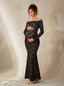 Cheriluna Maternity Đầm bầu màu đen ren thanh lịch, trễ vai, ôm sát, dáng đuôi cá, thích hợp cho chụp ảnh. - màu đen - Xem 6