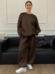 DAZY Set 2 buc. femei, culoare solidă, croială lejeră, guler rotund, mânecă lungă, hanorac și pantaloni de trening, treninguri cu căptușeală termică, set de femei, seturi de lenjerie pentru femei - Maro - Vizualizare 6