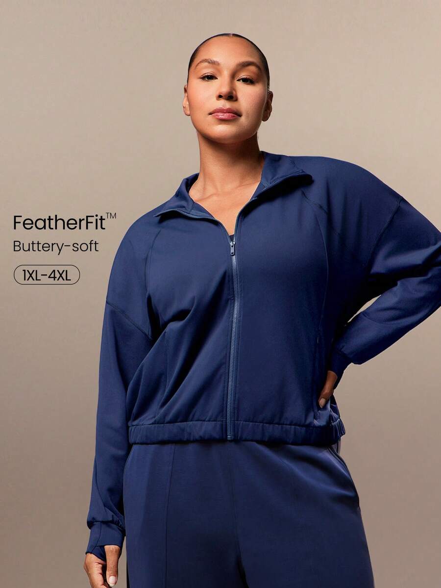 GLOWMODE FeatherFit™ Plus Size Take A Stand Sweat-Wicking Quick-Dry Zip Collar Thumbholes Hidden Pockets Long-Sleeve Sports Jacket Daily Casual/Winter - Dark Blue - View 1