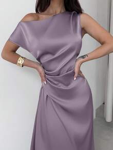 Firerie 女士绿色优雅不对称肩部褶饰鱼尾下摆连衣裙，适合约会、度假、婚礼、活动、返校、毕业典礼、正式伴娘礼服 - 淺灰紫 - 查看 4