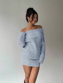 Aloruh Gaun Mini Lengan Panjang Kerah Tinggi Model Bahu Terbuka Warna Abu-abu, Atasan Longgar Bawahan Ketat, Cocok Untuk Wanita Muda, Musim Gugur/Musim Dingin - Biru - View 4