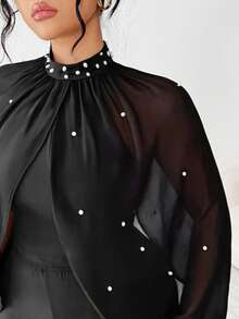 Elenzga Conjunto de dos piezas de talla grande para mujer, compuesto por una blusa de cuello alto ajustada con parches de malla y cuentas, emparejada con pantalones holgados de pierna acampanada, un conjunto elegante y sofisticado cómodo para uso diario y fiestas - Negro - Ver 5