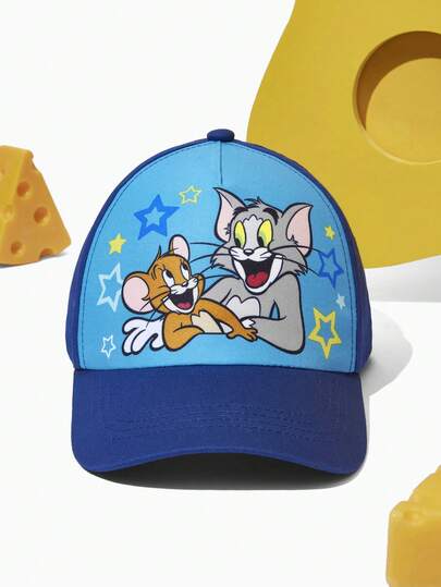 TOM & JERRY X SHEIN Cute Children Boys Blue Cartoon Cat Sunscreen Baseball Cap Breathable And Comfortable Cap Sun Hat, Suitable For Outdoor Activities