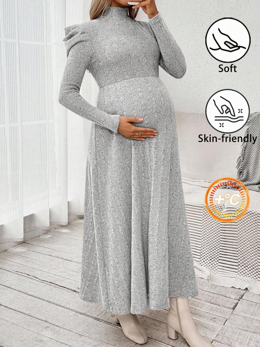 SHEIN 孕妇休闲纯色立领长裙，秋冬 - 灰色 - 查看 1