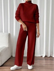 SHEIN 女式纯色高领落肩长袖毛衣和针织裤休闲两件套，秋冬 - 紅色 - 查看 6