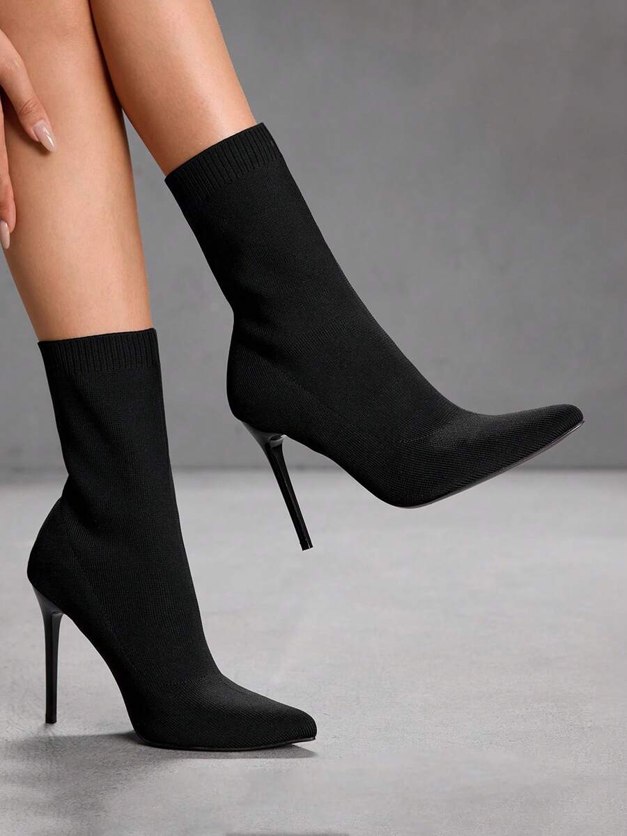 CUCCOO SZL 女士时尚黑色绒面尖头高跟踝靴