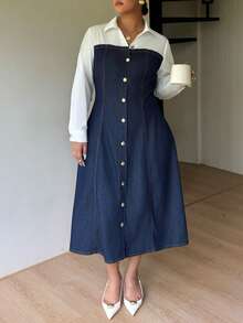 Dripcurv 大码秋冬蓝白撞色牛仔连衣裙，前襟纽扣设计，优雅女装，新年造型，圣诞节女装，感恩节女装 - 藍色 - 查看 1
