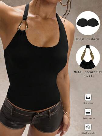 SHEIN Glamour 女式纯色休闲细肩带露背吊带背心，合身 U 领金属扣吊带性感优雅吊带背心，适合户外穿着