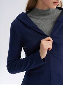 INAWLY Women's Casual Solid Color Slim Fit Half-Zip Hooded T-Shirt, Autumn - Navy Blue - View 5