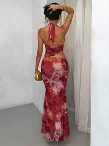 Glamine Vacay Vibes Floral Beach Graphic Print Women's 2pcs Summer Vacation Set, Halter Neck Tied Crop Top And Asymmetrical Ruffle Hem Skirt, Coral, Pink, Ocean Elements, Random Floral Prints Fall Women Clothes Back To School