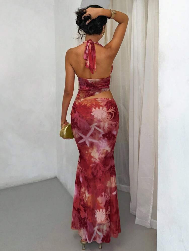 Glamine Conjunto de 2 piezas de verano con estampado gráfico floral de "Vacay Vibes" para mujer, top corto con cuello de halter y lazo, y falda con volante asimétrico, en colores coral, rosa, con elementos de océano y estampados florales aleatorios, ropa de mujer para otoño y vuelta al colegio - Burdeos - Añade 5