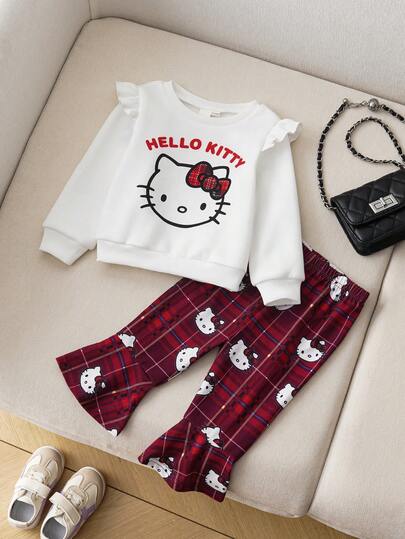 HELLO KITTY AND FRIENDS | SHEIN 2pcs Baby Girl Cartoon Plaid Bow Kitty Cat Print Knitted Crew Neck Fleece Loose Sweatshirt And Flare Pants Set, Autumn/Winter