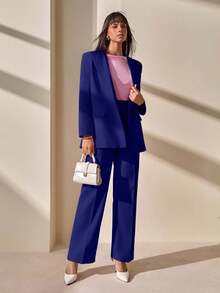 Blazer With Single Button Closure And Flap Pockets, Paired With Matching High-Waist Trousers, Elegant Two Pieces Suit Set - Royal Blue - View 5