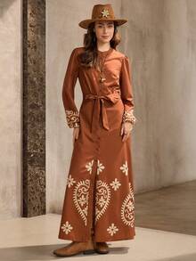 Wildy 休闲波西米亚刺绣棕色连衣裙，美式乡村风格，适合度假和所有季节 - 棕色 - 查看 3