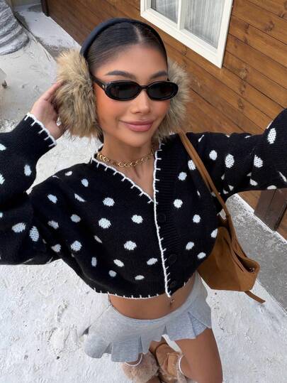 Muchica Women's Fashion Black Polka Dot Pattern V-Neck Loose Short Cardigan For Going Out Outfits, Back To School, Streetwear, Y2K Clothes, Fall/Winter