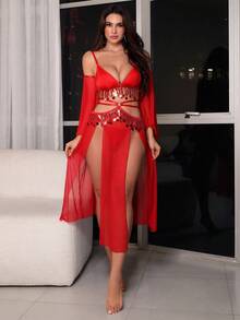 SHEIN 5pcs Halloween Sequins Sequin Bra + Thong + Slit Sequin Mini Skirt + 2pcs Sleeves, Glamorous Party Set Red Lingerie Set 2 Piece Lingerie Set Lingerie Robe Set Red Lingerie 2 Piece - Red - View 1