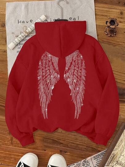 Damen Langarm Sweatshirt mit Strass Flügel Muster, Kapuze mit Kordelzug, Lässig, thermisch gefüttert, Herbst/Winter