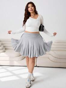 Solflare 秋季大码女式休闲纯色伞形下摆半身裙 - 灰色 - 查看 7