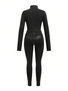 Innovista Women's Solid Color Long Sleeve Top And Pants Slim Fit Cycling Outfit Workout F/W Athletic Wear, Utilitarian Chic - Black - View 14