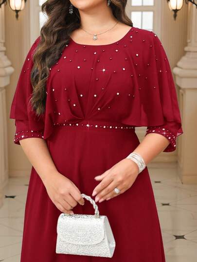 Reflora Elegantes Abendkleid in Große Größen mit rundem Ausschnitt, Taille mit Strass verziert