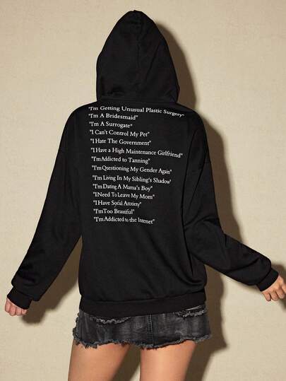 ROMWE Avant Fashionable Slogan Loose Fit Hoodie Sweatshirt